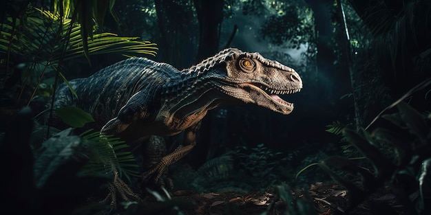 Uma fotografia de um Velociraptor na selva