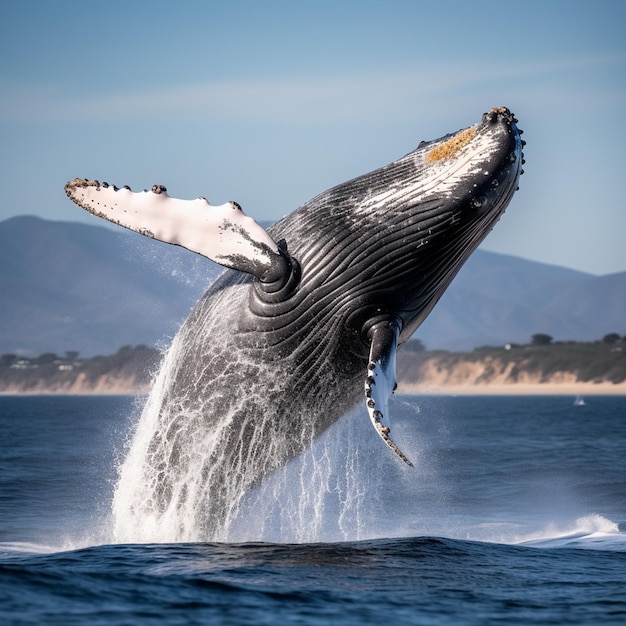 Uma fotografia de uma baleia saindo da água com ondas oceânicas no fundo tirada durante o dia com condições climáticas claras