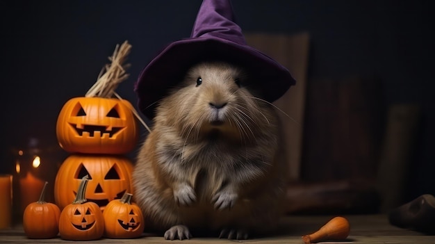 uma fotografia de uma capivara fofa usando chapéu de bruxa para a celebração do Halloween