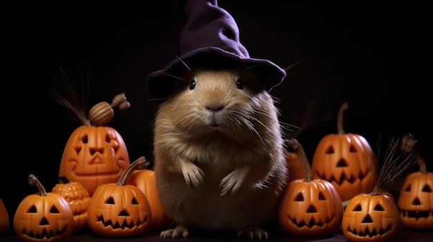 uma fotografia de uma capivara fofa usando chapéu de bruxa para a celebração do Halloween