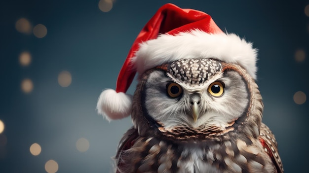 uma fotografia de uma coruja fofa usando fantasia de Papai Noel e chapéu para a celebração do Natal