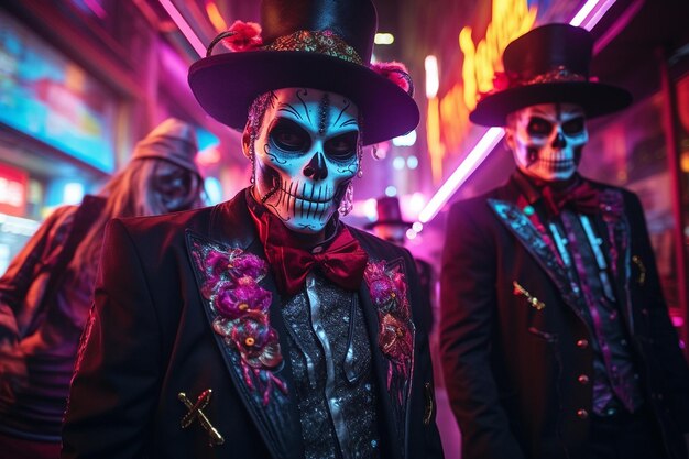 Uma fotografia de uma gangue de gângsteres latinos com maquiagem de caveira voodoo e cartolas coloridas para homens e mulheres