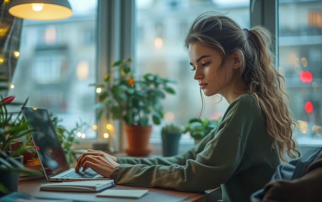 Foto uma fotografia de uma jovem trabalhando em um laptop em uma mesa