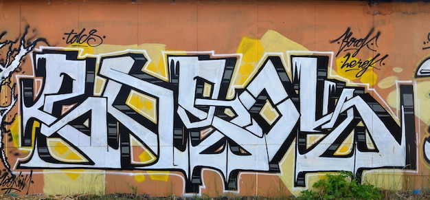 Foto uma fotografia de uma obra de arte detalhada na parede o desenho de graffiti é feito com tinta branca com contornos pretos e tem um fundo laranja monofônico textura da parede com decoração de grafite