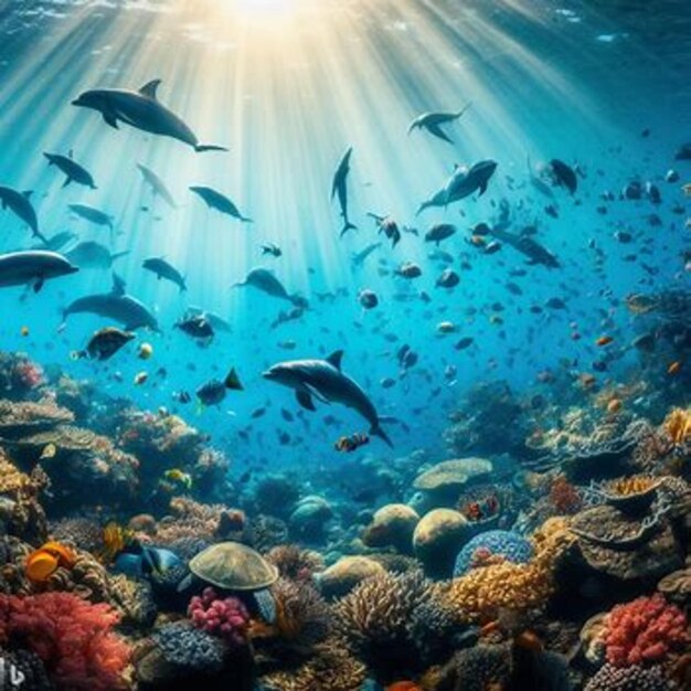 Uma fotografia de uma paisagem de peixes subaquáticos e tartarugas marinhas