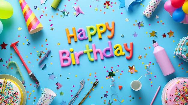 Uma fotografia de uma palavra "Feliz Aniversário" Com fundo com ferramentas coloridas e texto de aniversário alegre