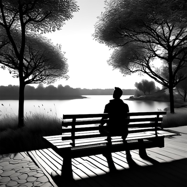 Uma fotografia de uma pessoa sentada num banco de frente para o pôr-do-sol em preto e branco Hd Uhd 4k Fine