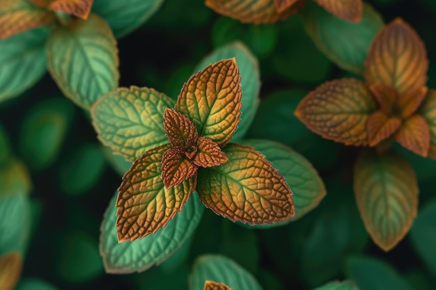 Uma fotografia detalhada capturando os detalhes intrincados de uma planta de folhas verdes de perto Planta de menta de chocolate com suas folhas castanhas e verdes únicas AI Gerado