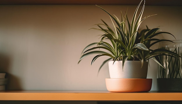 Uma fotografia discreta de uma planta de casa em uma prateleira