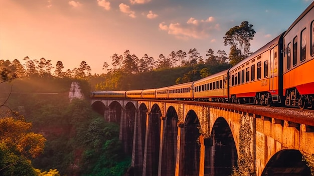 Uma fotografia do antigo trem elétrico a diesel na ponte em arco