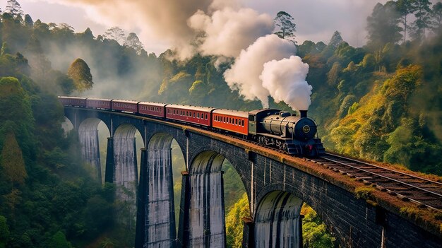 Uma fotografia do velho trem a vapor na ponte em arco