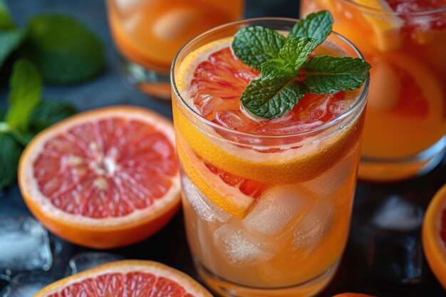 Uma fotografia em close-up mostrando uma bebida de verão refrescante adornada com fatias de cítricos