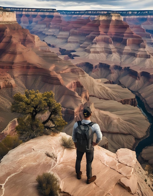 Foto uma fotografia em estilo national geographic de um influenciador de viagens de pé na borda do grand can