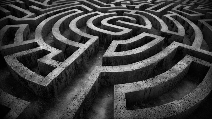 Foto uma fotografia em preto e branco de um grande labirinto de concreto o padrão intrincado do labirinto é enfatizado pelo uso de sombras e luz criando uma sensação de profundidade e complexidade