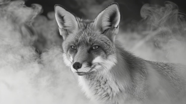 Uma fotografia em preto e branco de uma raposa na natureza