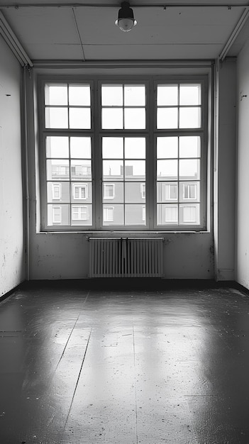 Uma fotografia em preto e branco de uma sala vazia com grandes janelas