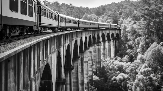 Uma fotografia em preto e branco do antigo trem elétrico a diesel na ponte do arco