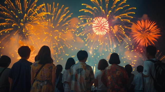 Uma fotografia hiper-realista de uma multidão de pessoas de pé em frente a fogos de artifício coloridos no céu e olhando para ele O fundo da imagem escuro AI HDR Generative