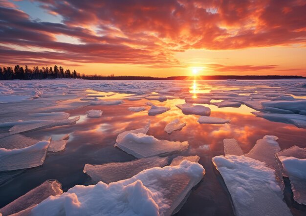Uma fotografia hiperrealista de um lago congelado capturado de um ângulo baixo para enfatizar a vastidão de