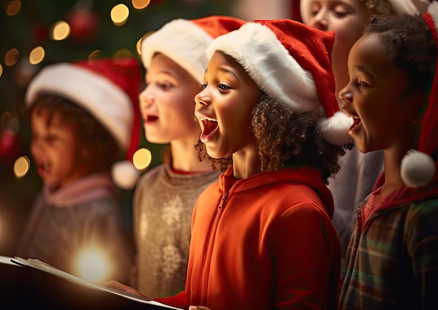 Uma fotografia impressionista de um grupo de cantores cantando em frente a um natal lindamente iluminado