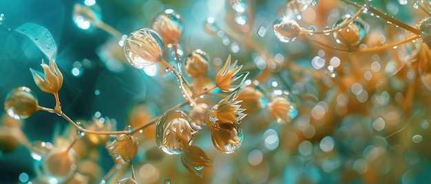 Uma fotografia macro captura os detalhes requintados das gotas de água que adornam uma planta