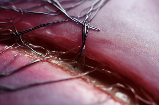 Foto uma fotografia macro capturando a textura das suturas cirúrgicas na pele de um paciente destacando o m