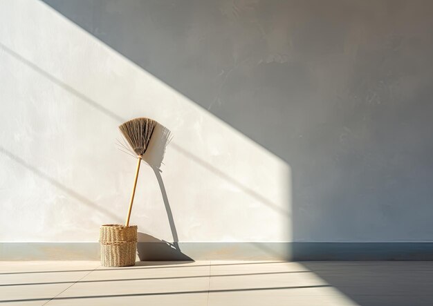 Uma fotografia minimalista de uma vassoura de zelador encostada em uma parede com fortes contrastes entre