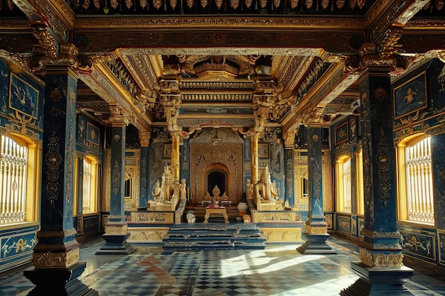 Foto uma fotografia mostrando uma grande sala com um chão e paredes a xadrez um imponente palácio real adornado com arte intrincada e folha de ouro ai gerada