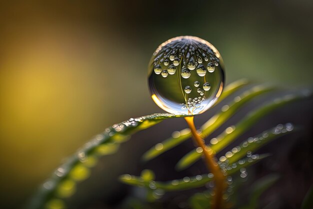 Foto uma fotografia muito próxima de uma gota de água em uma planta autônoma para se concentrar em pequenos detalhes