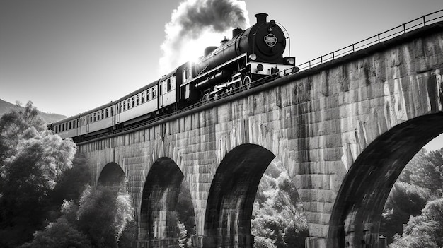 Uma fotografia preto e branco do velho trem a vapor na ponte do arco