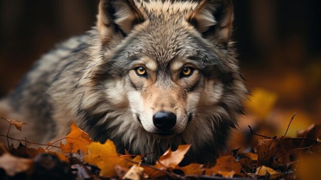 Uma fotografia profissional de vida selvagem tira um lobo rudra com olhos castanhos e fundo de natureza mágica.