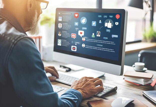 uma fotografia profissional retratando uma pessoa gerenciando postagens de clientes O ponto focal da imagem