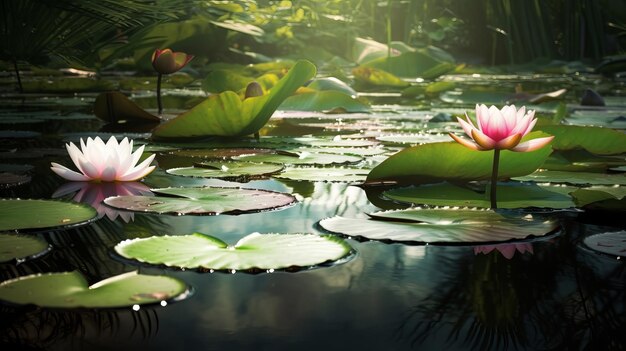 Uma fotografia serena de um lago adornado com uma linda flor de lótus