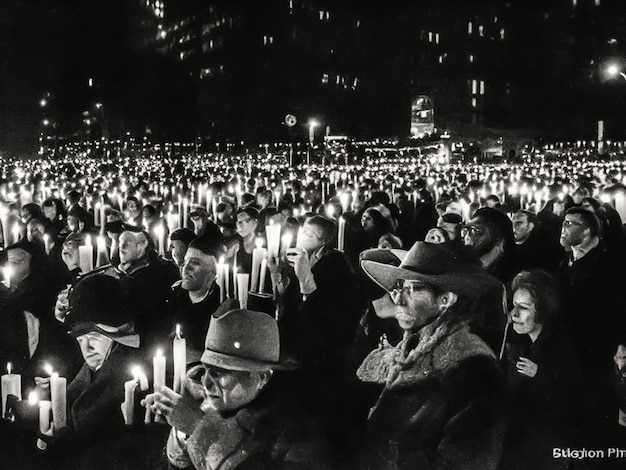 Uma fotografia solene em preto e branco de uma vigília à luz de velas em homenagem ao Dia Mundial da Aids