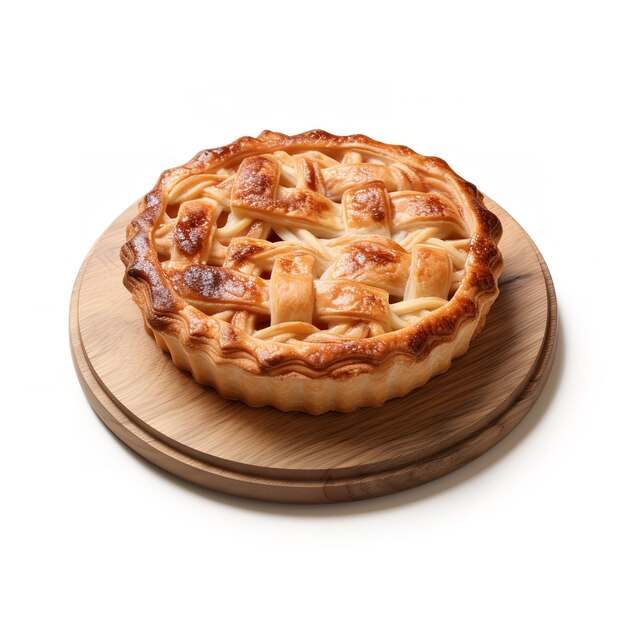 Uma fotografia ultra-detalhada isolada de Apple Pie em Wooden Board isolada em um fundo branco