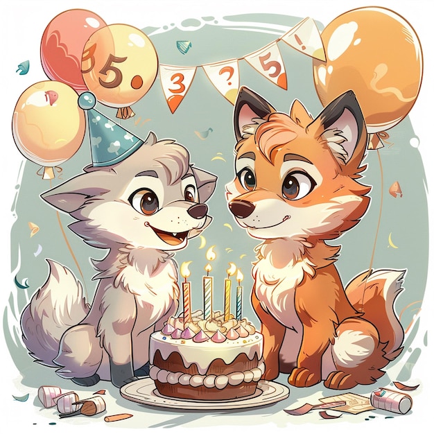 Uma foxa de cartão bonita e um lobo a comemorar o aniversário.