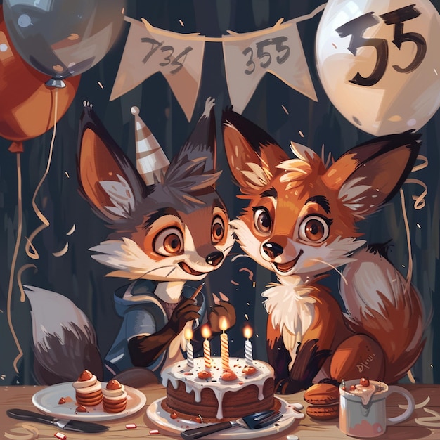 Uma foxa de cartão bonita e um lobo a comemorar o aniversário.