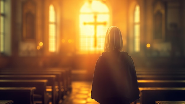 Uma freira está em contemplação dentro de uma igreja banhada na quente luz dourada do sol da manhã