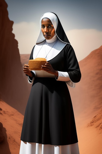 Uma freira no deserto com um livro na mão