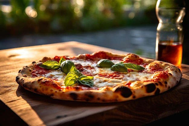 uma fresca Margherita Pizza em uma mesa rústica com uma vinha na luz dourada do pôr-do-sol