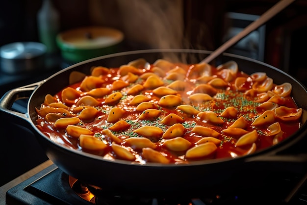 Uma frigideira cheia de IA de comida de rua coreana Tteokbokki