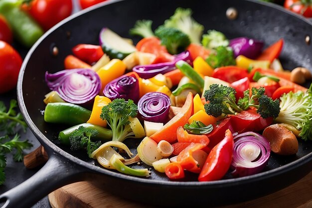 Uma frigideira com legumes coloridos de perto