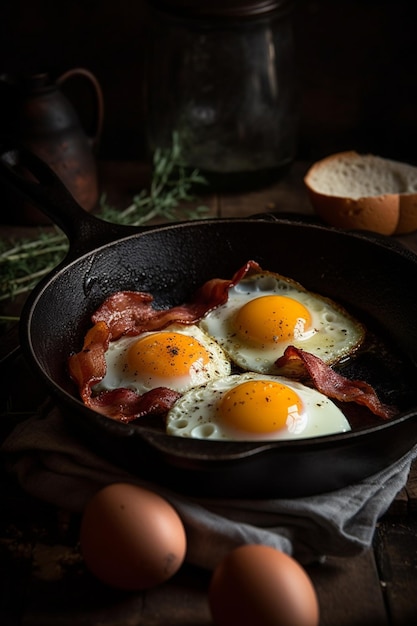 Uma frigideira com ovos e bacon