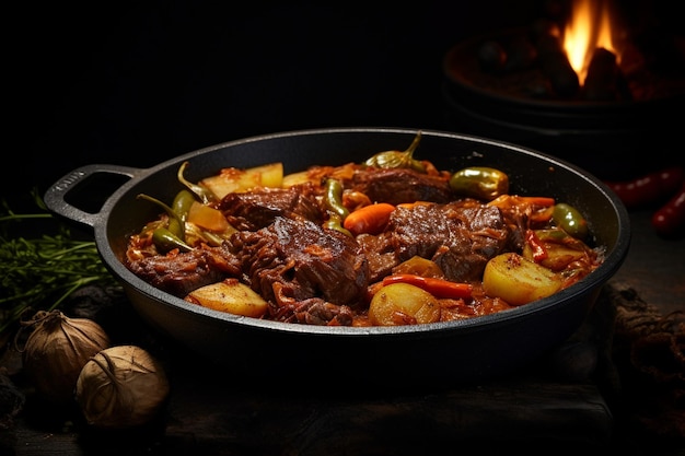 Foto uma frigideira com roast beef suculento e legumes cozidos na mesa