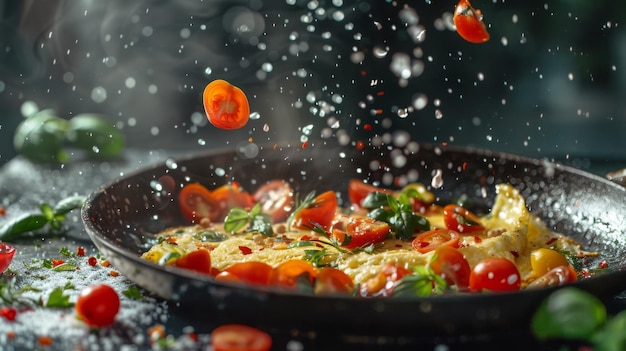 Uma frigideira com uma omelete sendo virada vegetais no ar