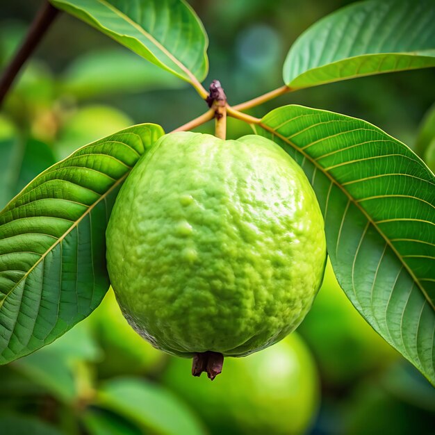 Foto uma fruta de goiaba que está em uma árvore