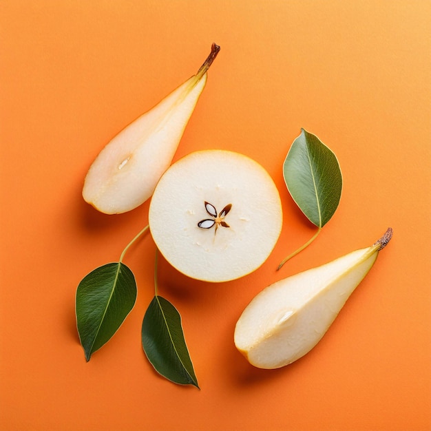 Foto uma fruta de pêra com uma folha verde