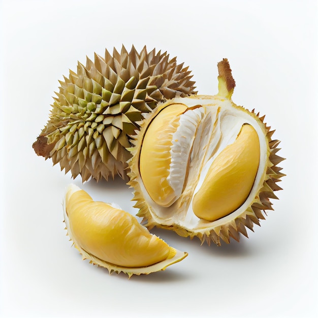 Uma fruta durian com fatias no fundo branco