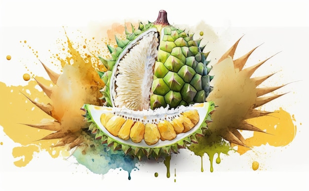 uma fruta durian desenhada em fundo branco frutas em aquarela ilustrações de comida saudável geradas por ai