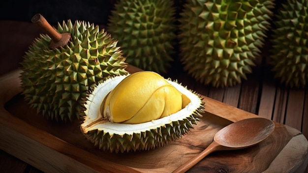 Uma fruta durian está em uma bandeja de madeira.